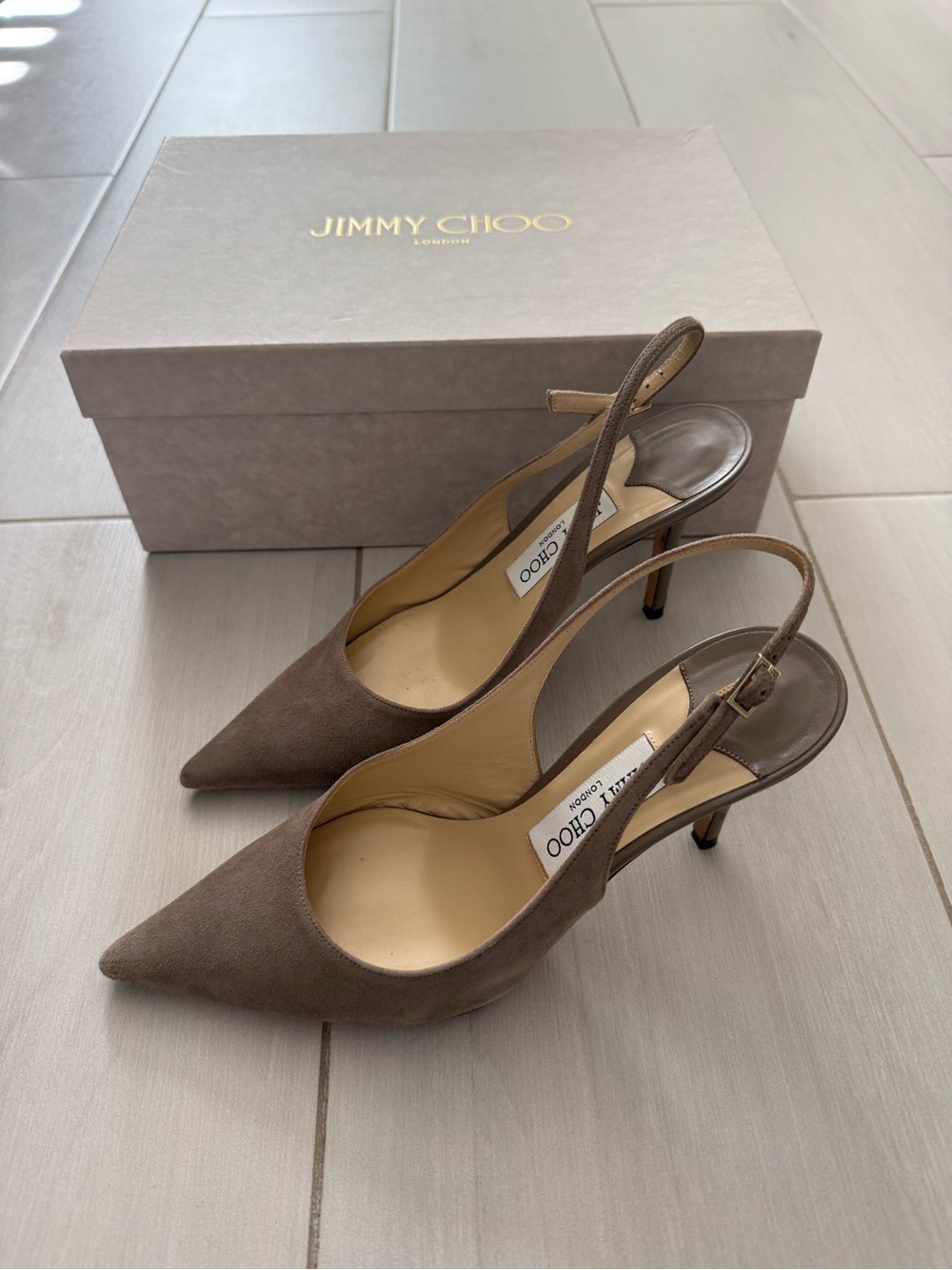 Jimmy Choo Taupe Suede Pointed-Toe Slingback Pumps